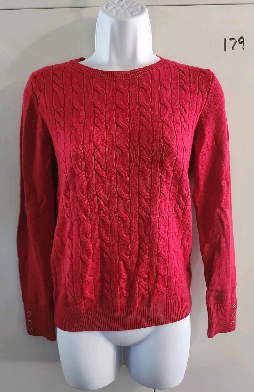Talbots Womens XS Red Lambswool Blend Cable Knit Button Sleeve Sweater Pullover